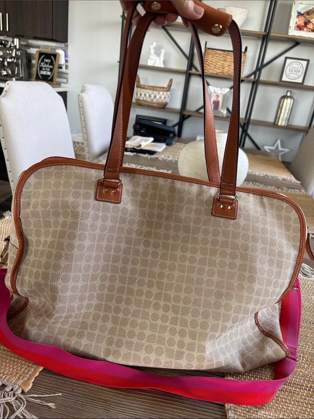 kate spade Beige Monogram Travel Tote with Pink and Red Stripe